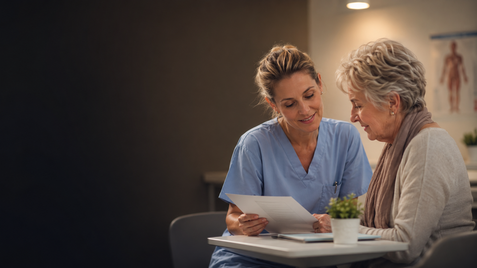 A healthcare professional discussing a form with an older woman