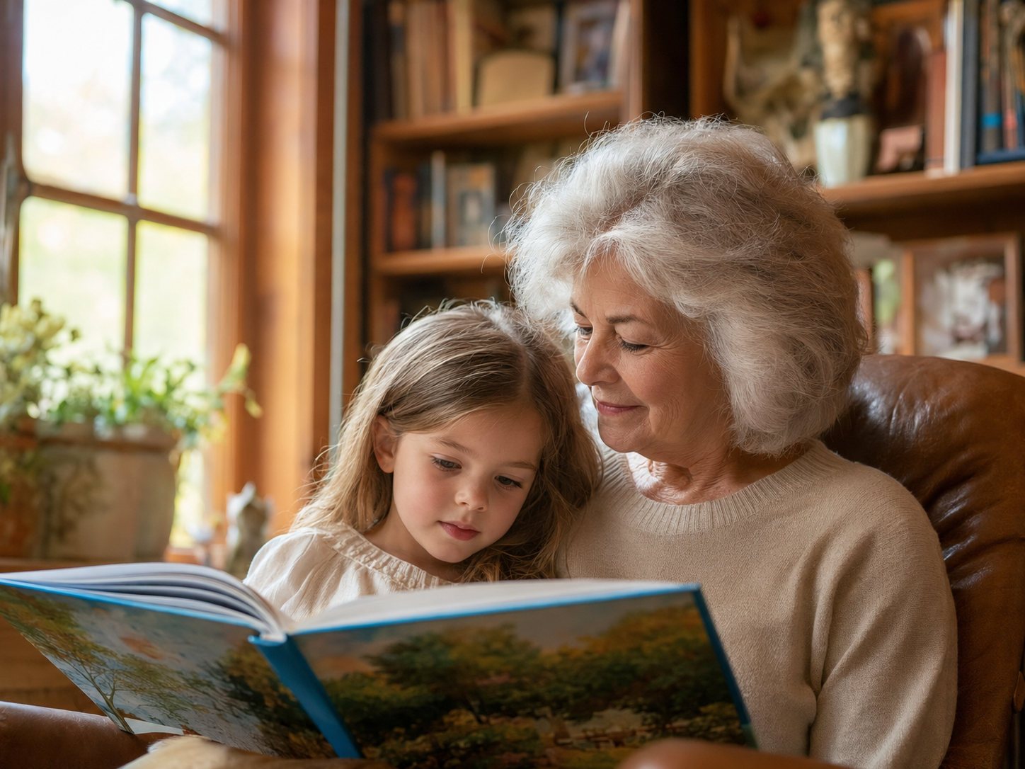 A grandmother and child sharing a peaceful moment at home