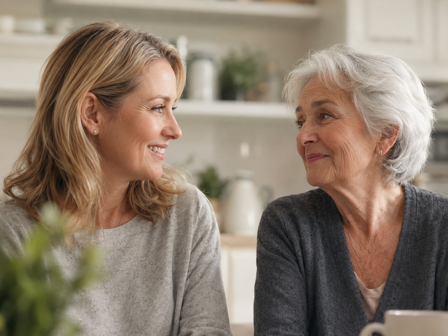 A daughter and mother sharing a happy moment at home